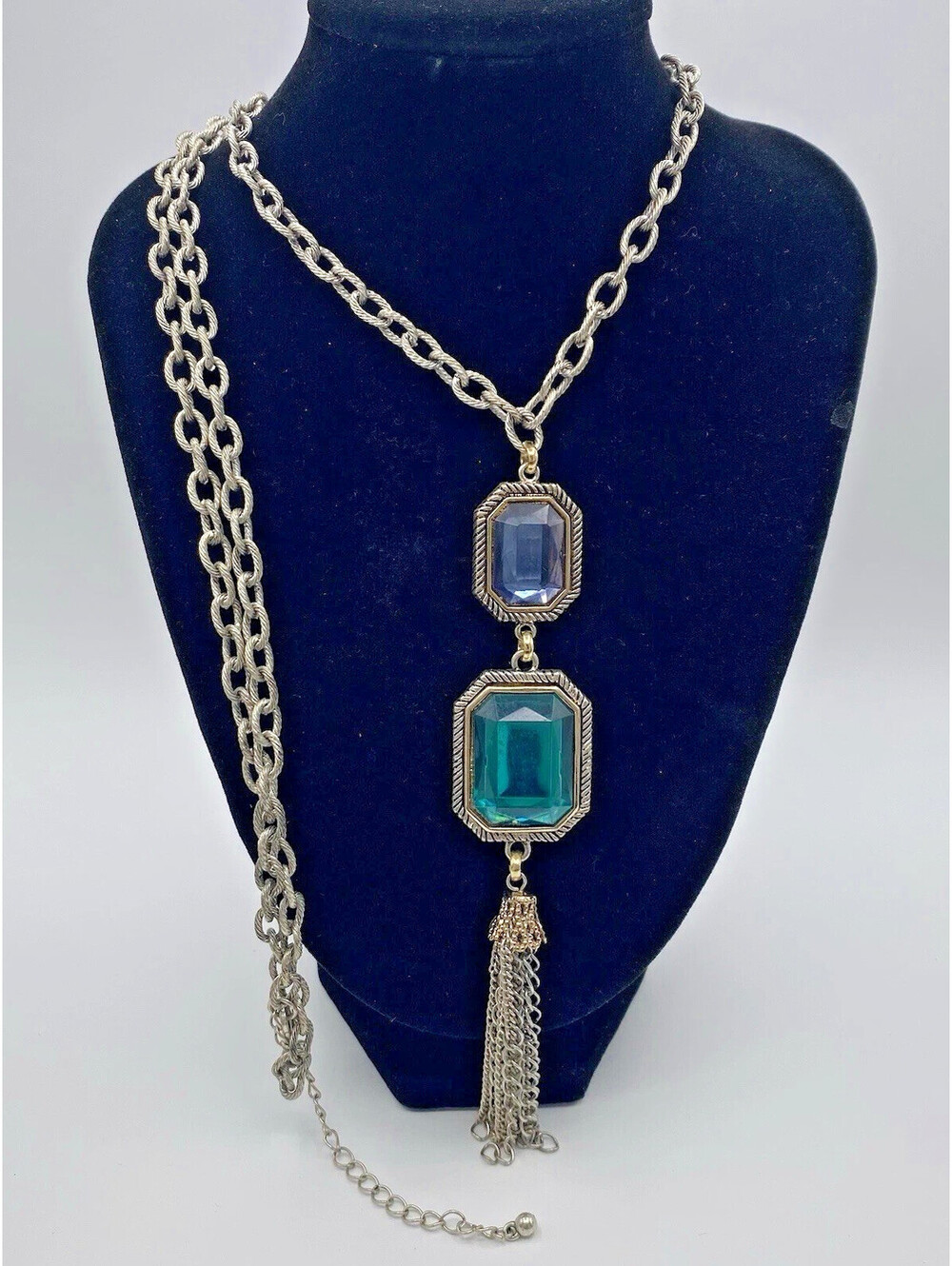 Vintage Silver-Tone Long Cable Chain Necklace Gems Tassel Pendant 32" Costume